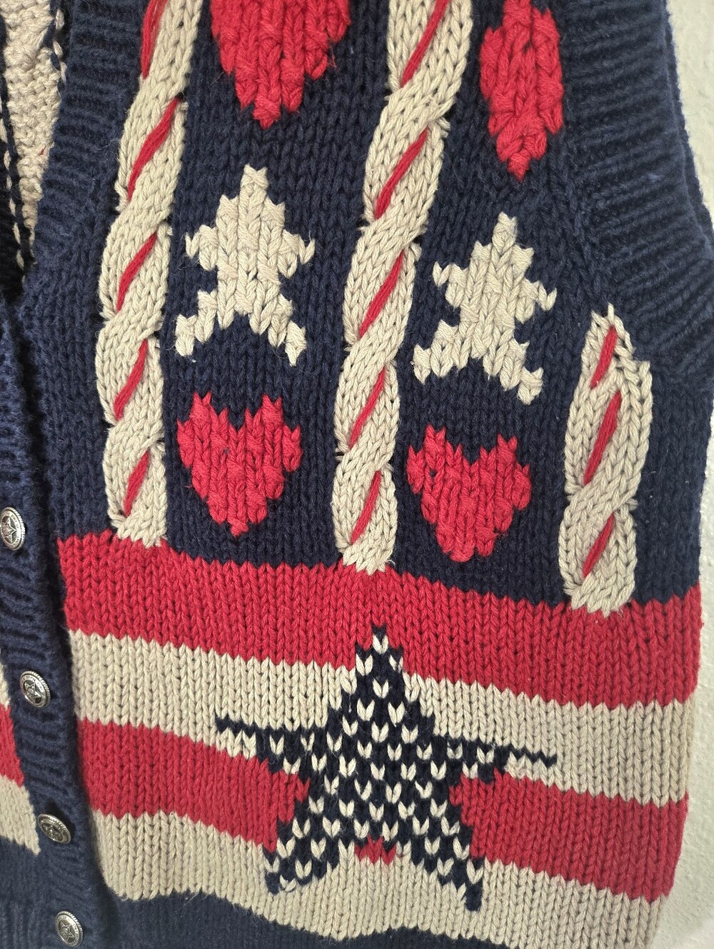 Christopher & Banks Americana Vintage Red/Navy/Tan Star Heart Button Vest, S - Picture 3 of 8